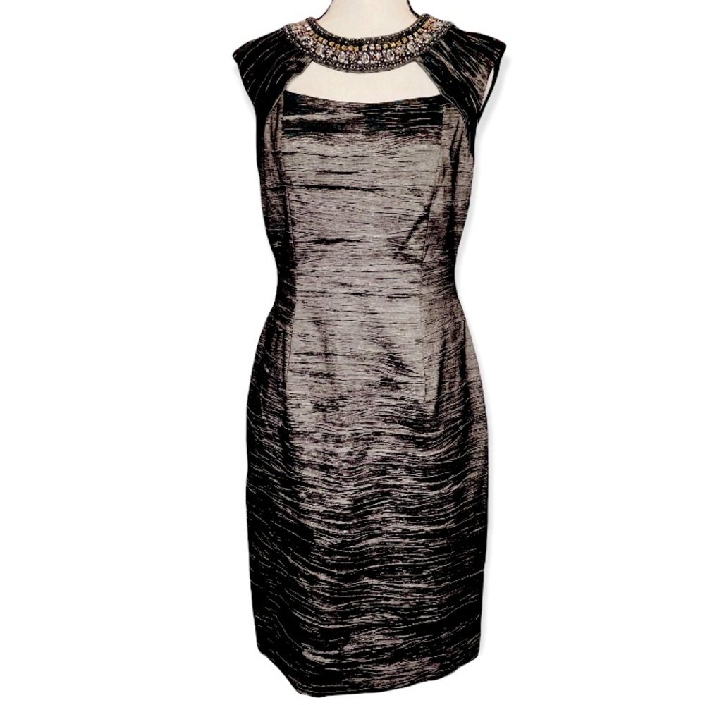 ELIZA J Glamorous Metallic Gray Beaded Neckline Bodice Sheath Dress Size 8